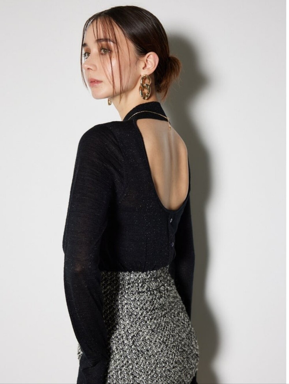 Rienda Backless Button Lightweight Sheer Lame Glitter Top